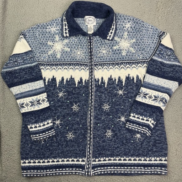 Vintage Stitches In Time‎ Full Zip Cardigan Women Snowflake Winter Sweater 1X - Picture 1 of 6